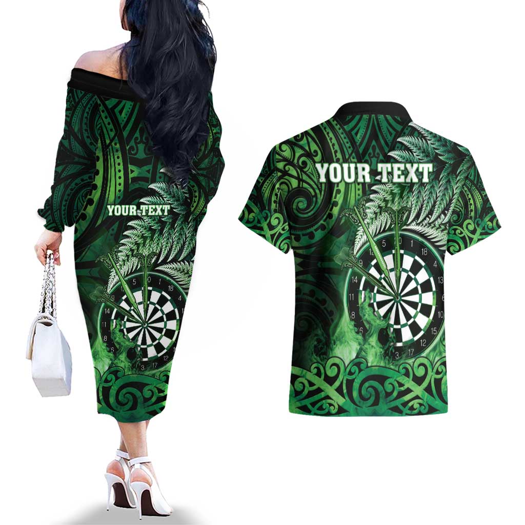 Personalised New Zealand Darts Couples Matching Off The Shoulder Long Sleeve Dress and Hawaiian Shirt Maori Koru Dartboard Green Flame
