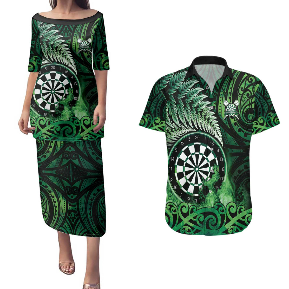 Personalised New Zealand Darts Couples Matching Puletasi and Hawaiian Shirt Maori Koru Dartboard Green Flame