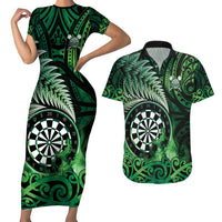 Personalised New Zealand Darts Couples Matching Short Sleeve Bodycon Dress and Hawaiian Shirt Maori Koru Dartboard Green Flame