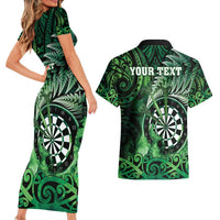 Personalised New Zealand Darts Couples Matching Short Sleeve Bodycon Dress and Hawaiian Shirt Maori Koru Dartboard Green Flame