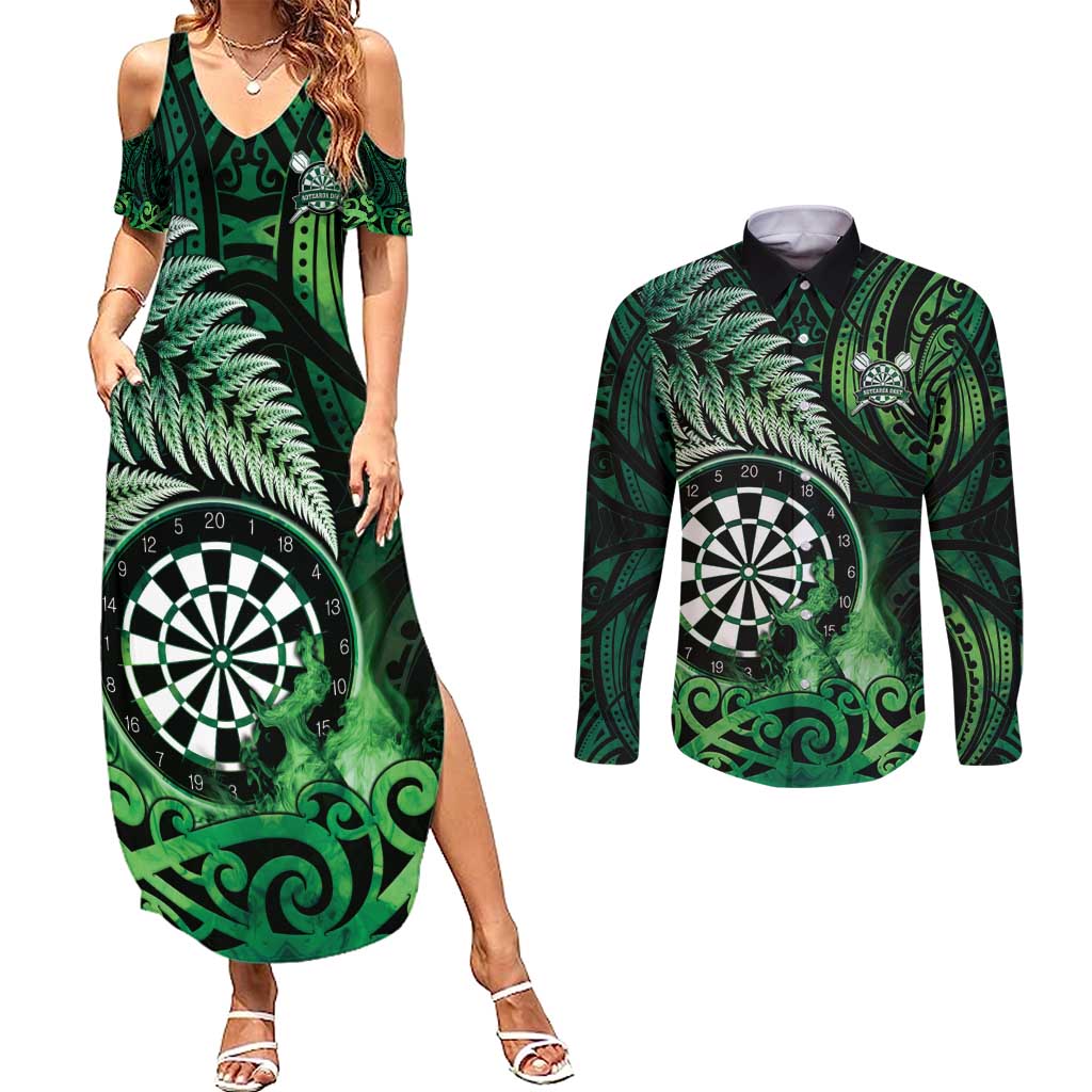 Personalised New Zealand Darts Couples Matching Summer Maxi Dress and Long Sleeve Button Shirt Maori Koru Dartboard Green Flame