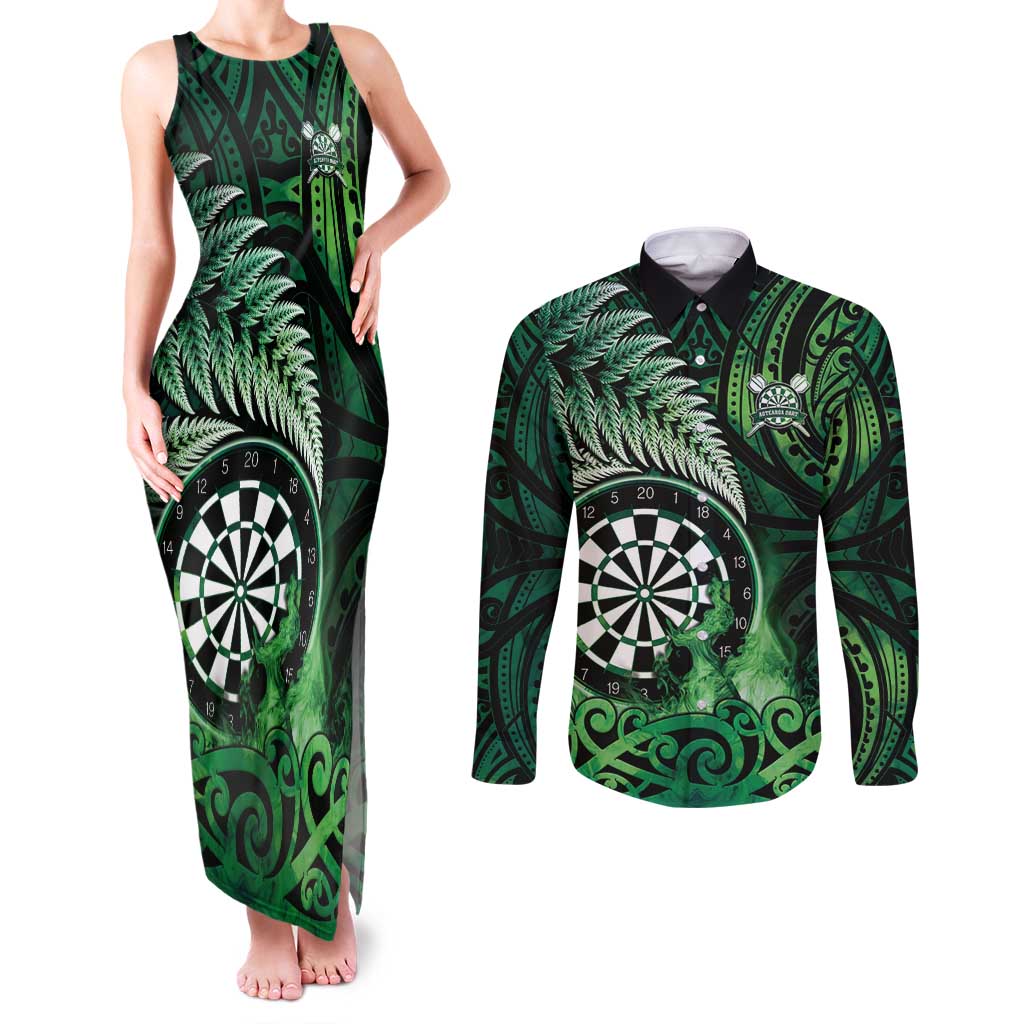 Personalised New Zealand Darts Couples Matching Tank Maxi Dress and Long Sleeve Button Shirt Maori Koru Dartboard Green Flame