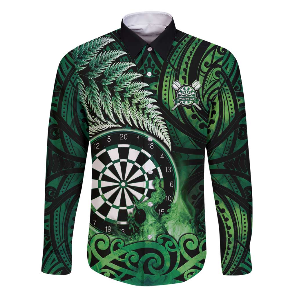 Personalised New Zealand Darts Family Matching Long Sleeve Bodycon Dress and Hawaiian Shirt Maori Koru Dartboard Green Flame