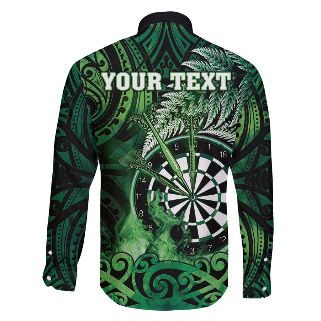 Personalised New Zealand Darts Family Matching Long Sleeve Bodycon Dress and Hawaiian Shirt Maori Koru Dartboard Green Flame