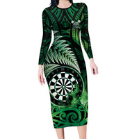 Personalised New Zealand Darts Family Matching Long Sleeve Bodycon Dress and Hawaiian Shirt Maori Koru Dartboard Green Flame