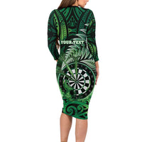 Personalised New Zealand Darts Family Matching Long Sleeve Bodycon Dress and Hawaiian Shirt Maori Koru Dartboard Green Flame