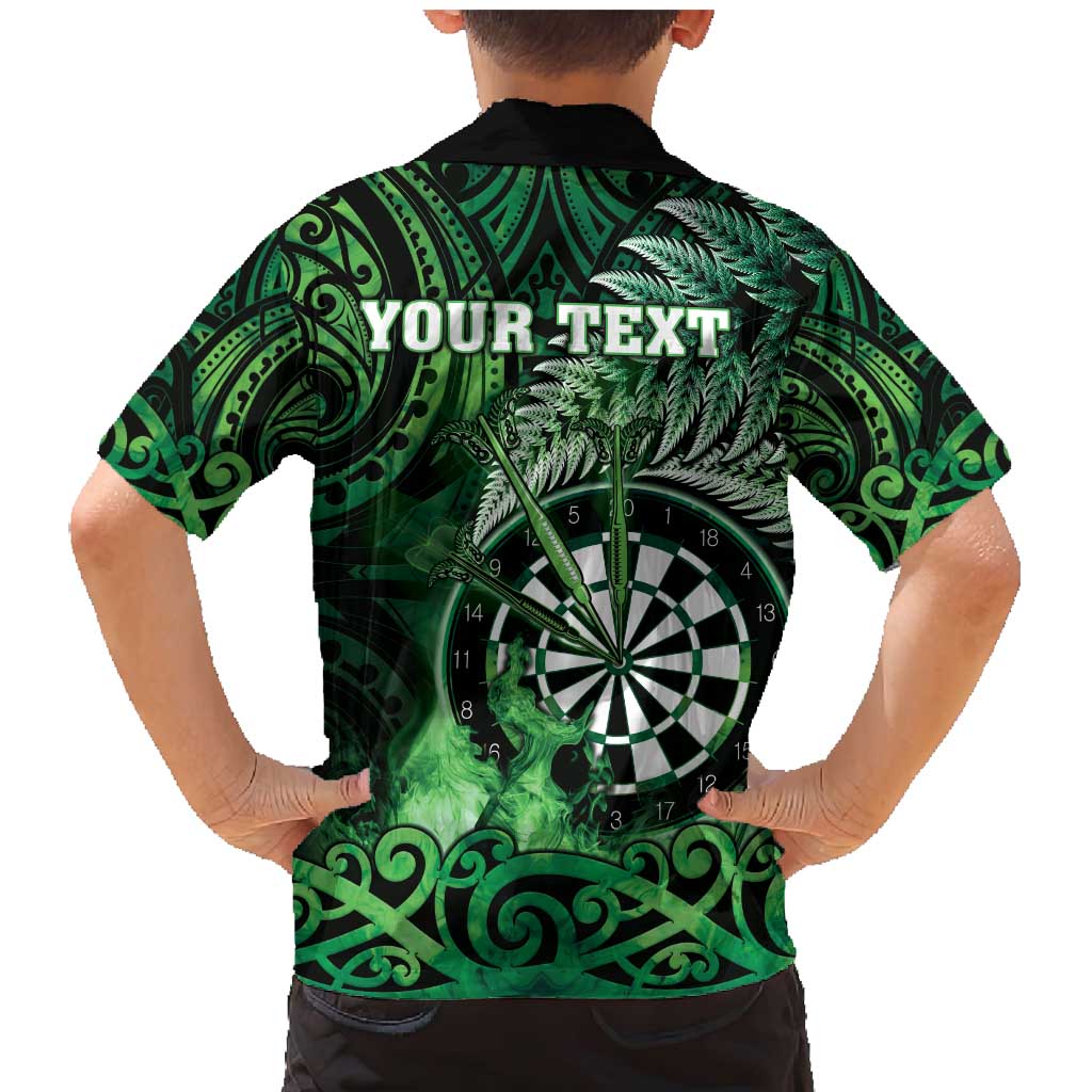 Personalised New Zealand Darts Family Matching Mermaid Dress and Hawaiian Shirt Maori Koru Dartboard Green Flame