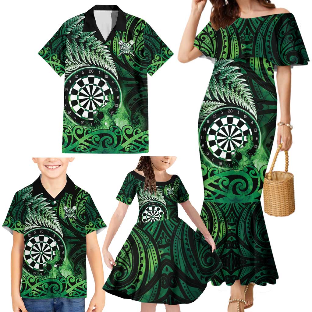 Personalised New Zealand Darts Family Matching Mermaid Dress and Hawaiian Shirt Maori Koru Dartboard Green Flame