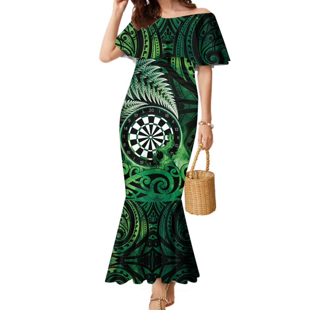 Personalised New Zealand Darts Family Matching Mermaid Dress and Hawaiian Shirt Maori Koru Dartboard Green Flame