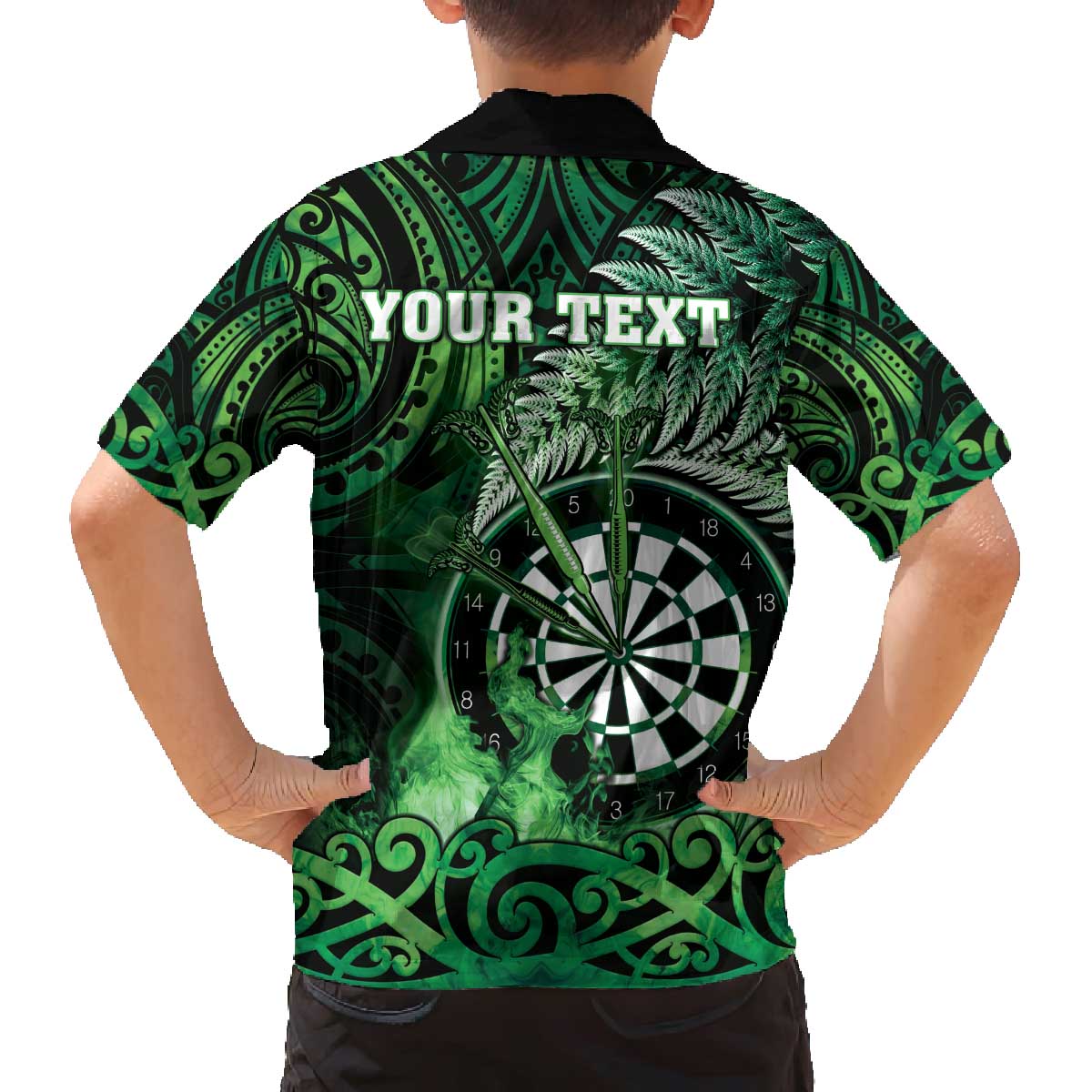 Personalised New Zealand Darts Family Matching Off The Shoulder Long Sleeve Dress and Hawaiian Shirt Maori Koru Dartboard Green Flame