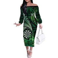 Personalised New Zealand Darts Family Matching Off The Shoulder Long Sleeve Dress and Hawaiian Shirt Maori Koru Dartboard Green Flame