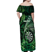 Personalised New Zealand Darts Family Matching Off Shoulder Maxi Dress and Hawaiian Shirt Maori Koru Dartboard Green Flame