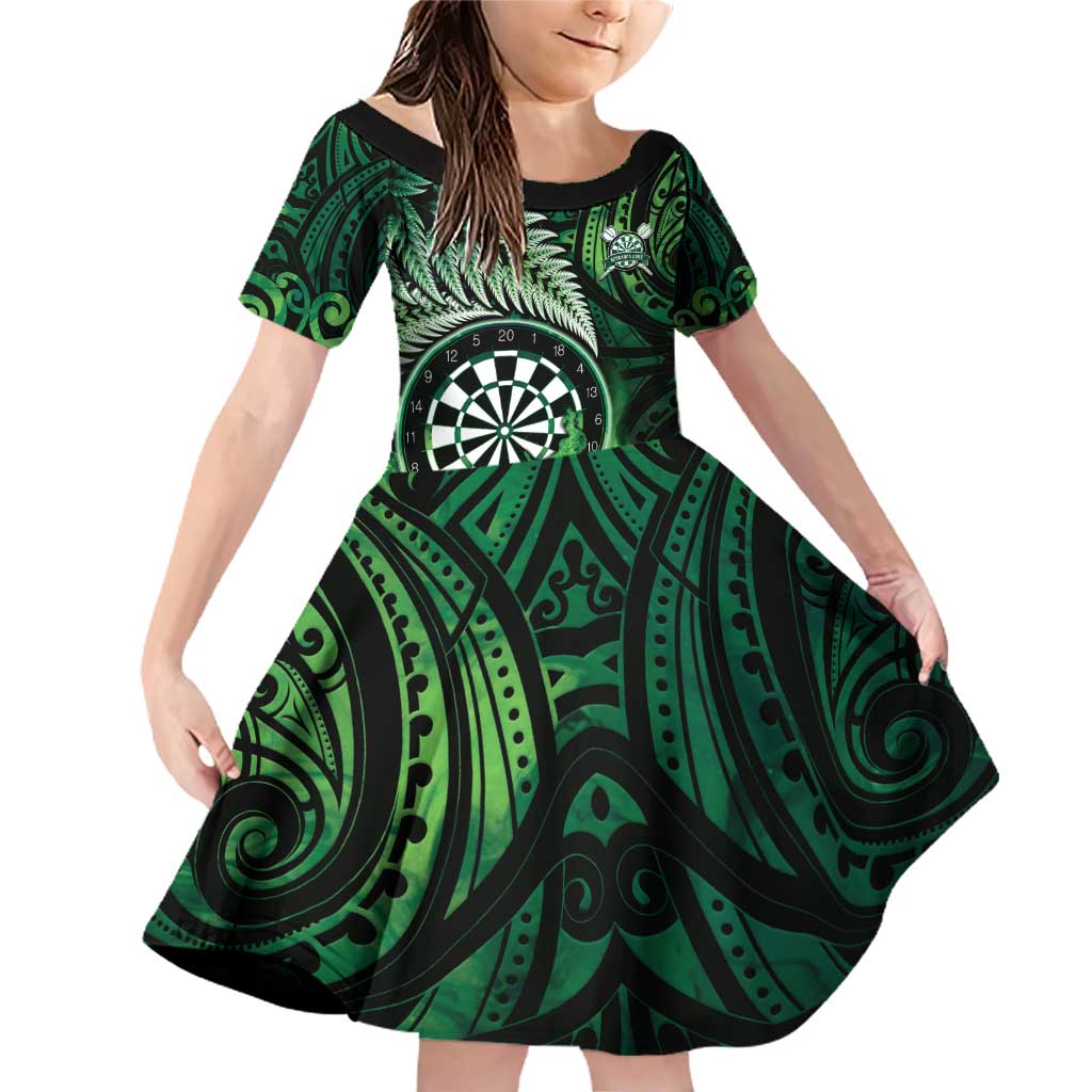 Personalised New Zealand Darts Family Matching Off Shoulder Short Dress and Hawaiian Shirt Maori Koru Dartboard Green Flame