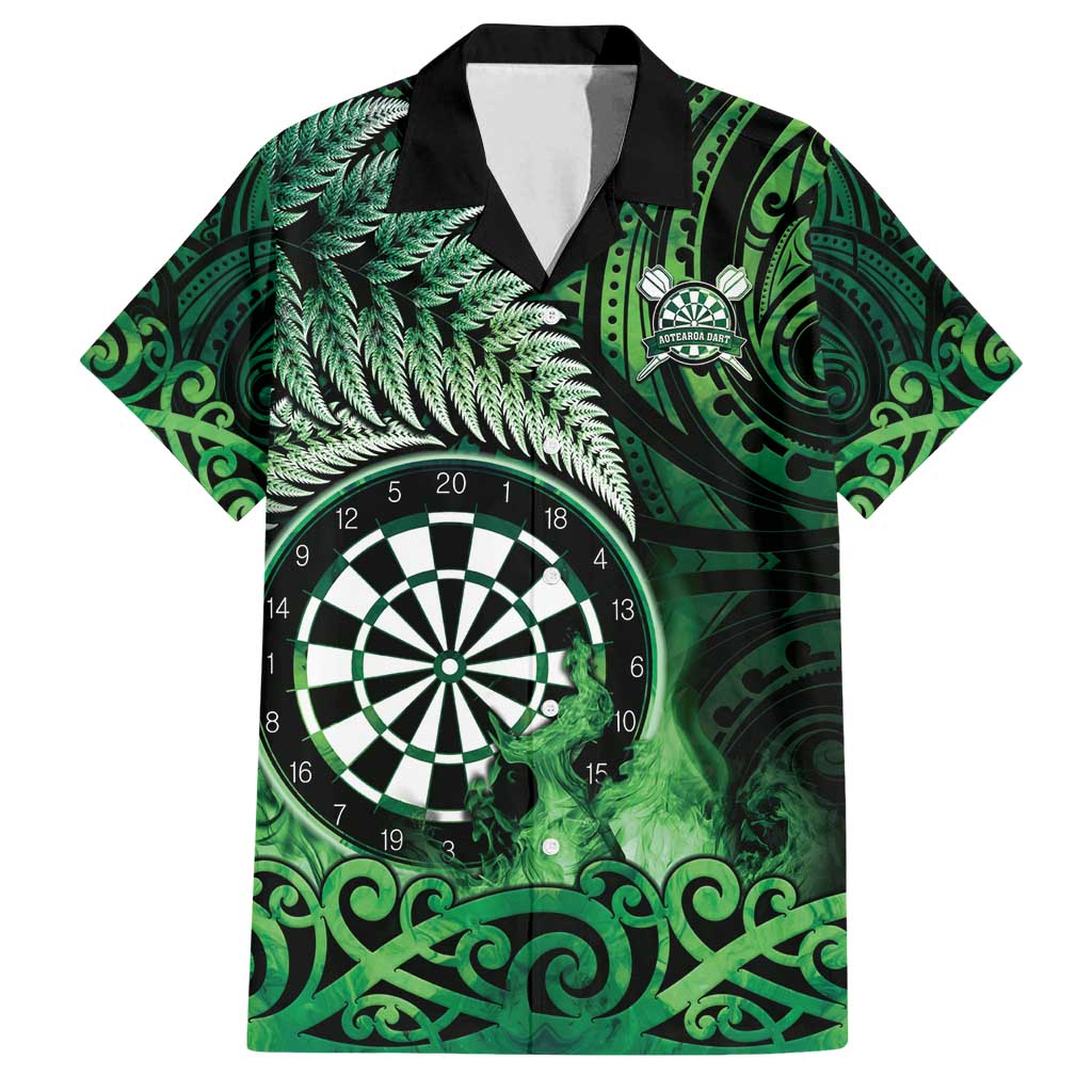 Personalised New Zealand Darts Family Matching Off Shoulder Short Dress and Hawaiian Shirt Maori Koru Dartboard Green Flame