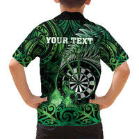 Personalised New Zealand Darts Family Matching Puletasi and Hawaiian Shirt Maori Koru Dartboard Green Flame