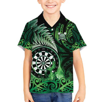 Personalised New Zealand Darts Family Matching Short Sleeve Bodycon Dress and Hawaiian Shirt Maori Koru Dartboard Green Flame