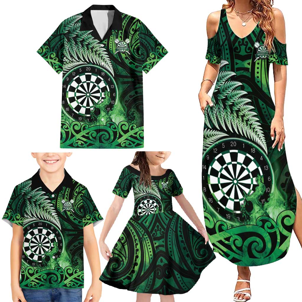 Personalised New Zealand Darts Family Matching Summer Maxi Dress and Hawaiian Shirt Maori Koru Dartboard Green Flame