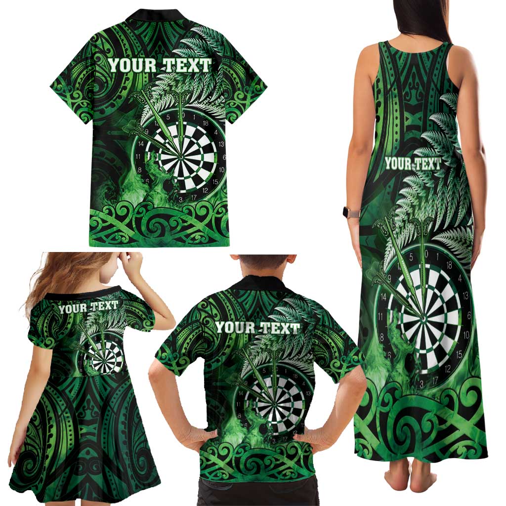 Personalised New Zealand Darts Family Matching Tank Maxi Dress and Hawaiian Shirt Maori Koru Dartboard Green Flame