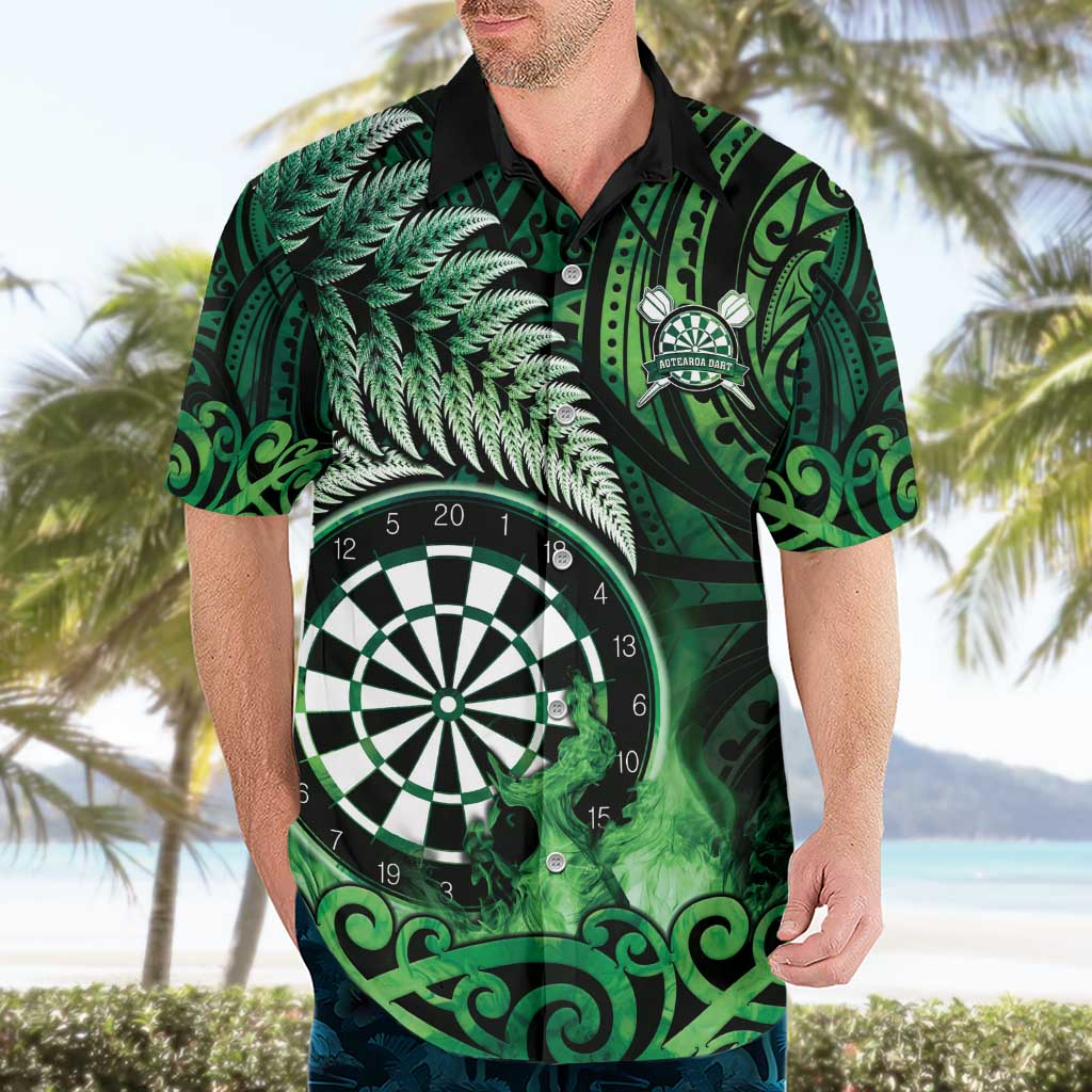 Personalised New Zealand Darts Hawaiian Shirt Maori Koru Dartboard Green Flame
