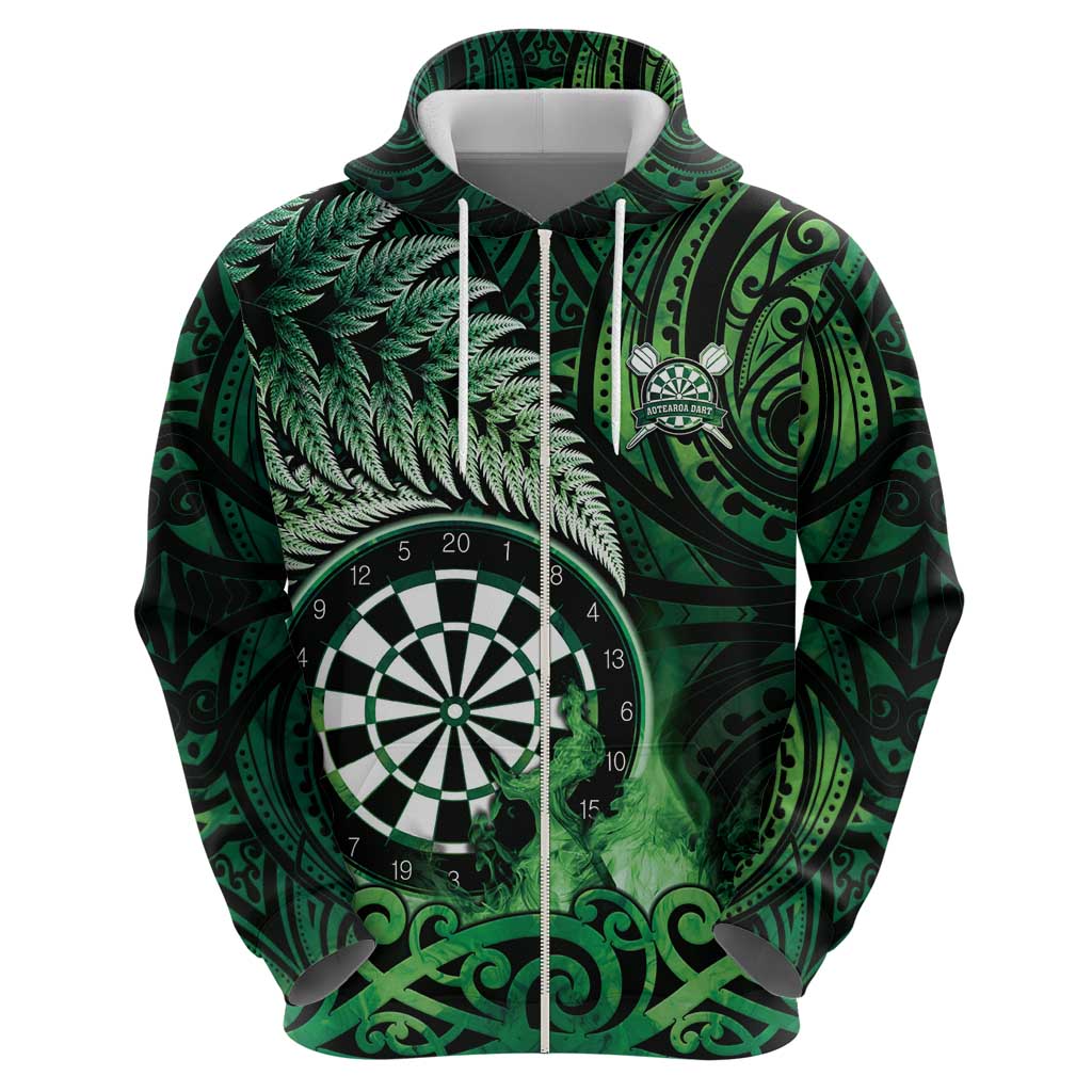 Personalised New Zealand Darts Hoodie Maori Koru Dartboard Green Flame