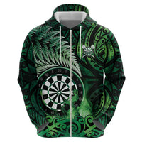 Personalised New Zealand Darts Hoodie Maori Koru Dartboard Green Flame