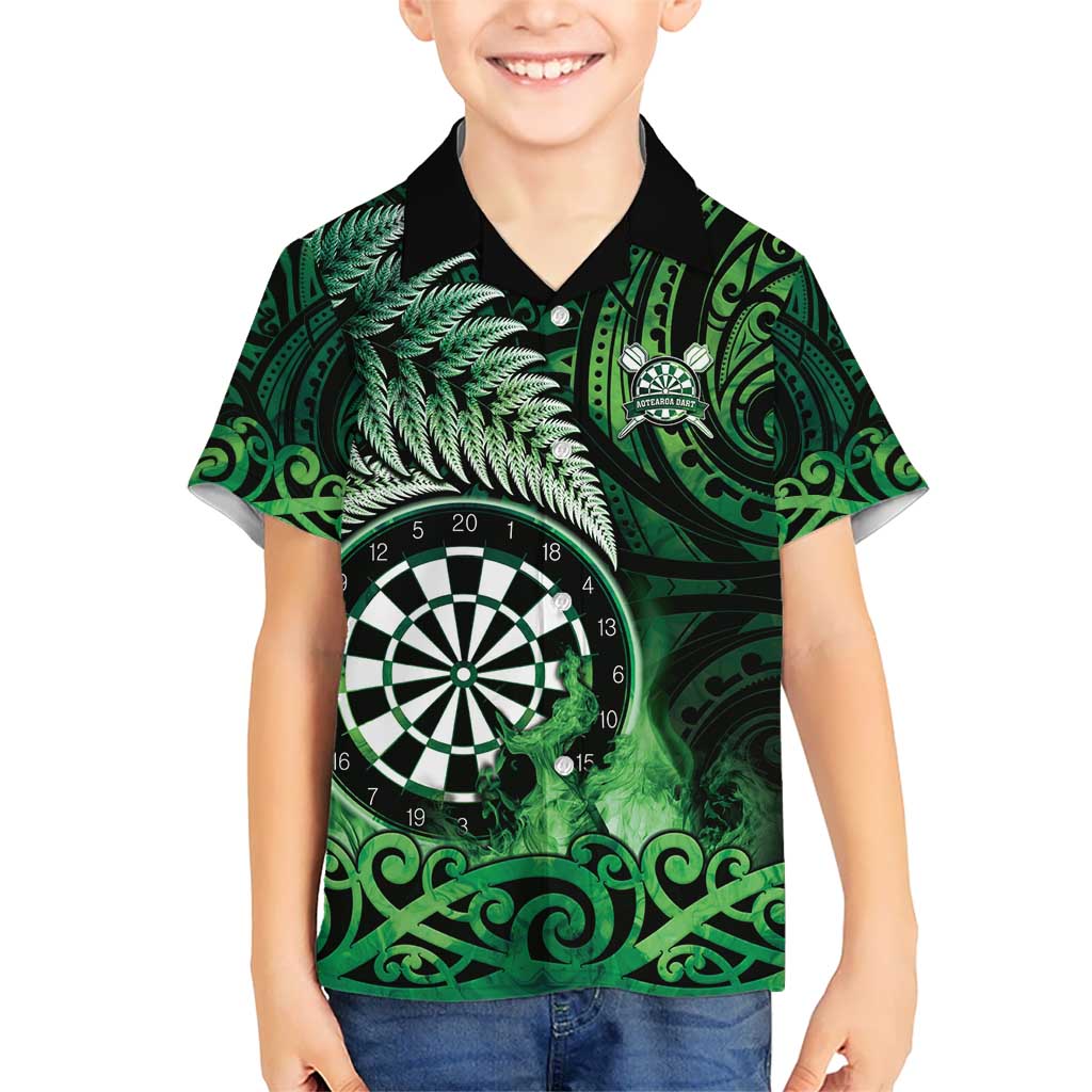 Personalised New Zealand Darts Kid Hawaiian Shirt Maori Koru Dartboard Green Flame