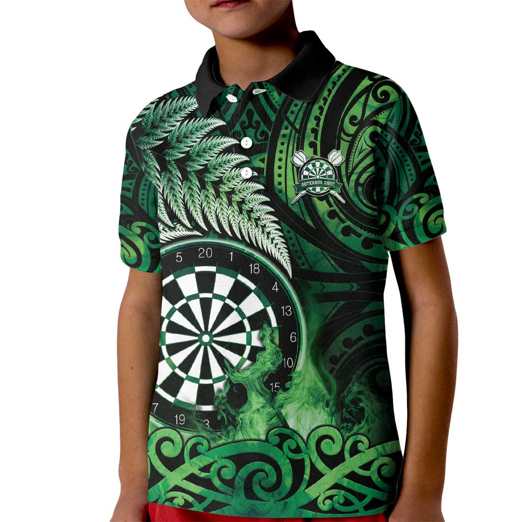 Personalised New Zealand Darts Kid Polo Shirt Maori Koru Dartboard Green Flame