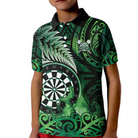 Personalised New Zealand Darts Kid Polo Shirt Maori Koru Dartboard Green Flame
