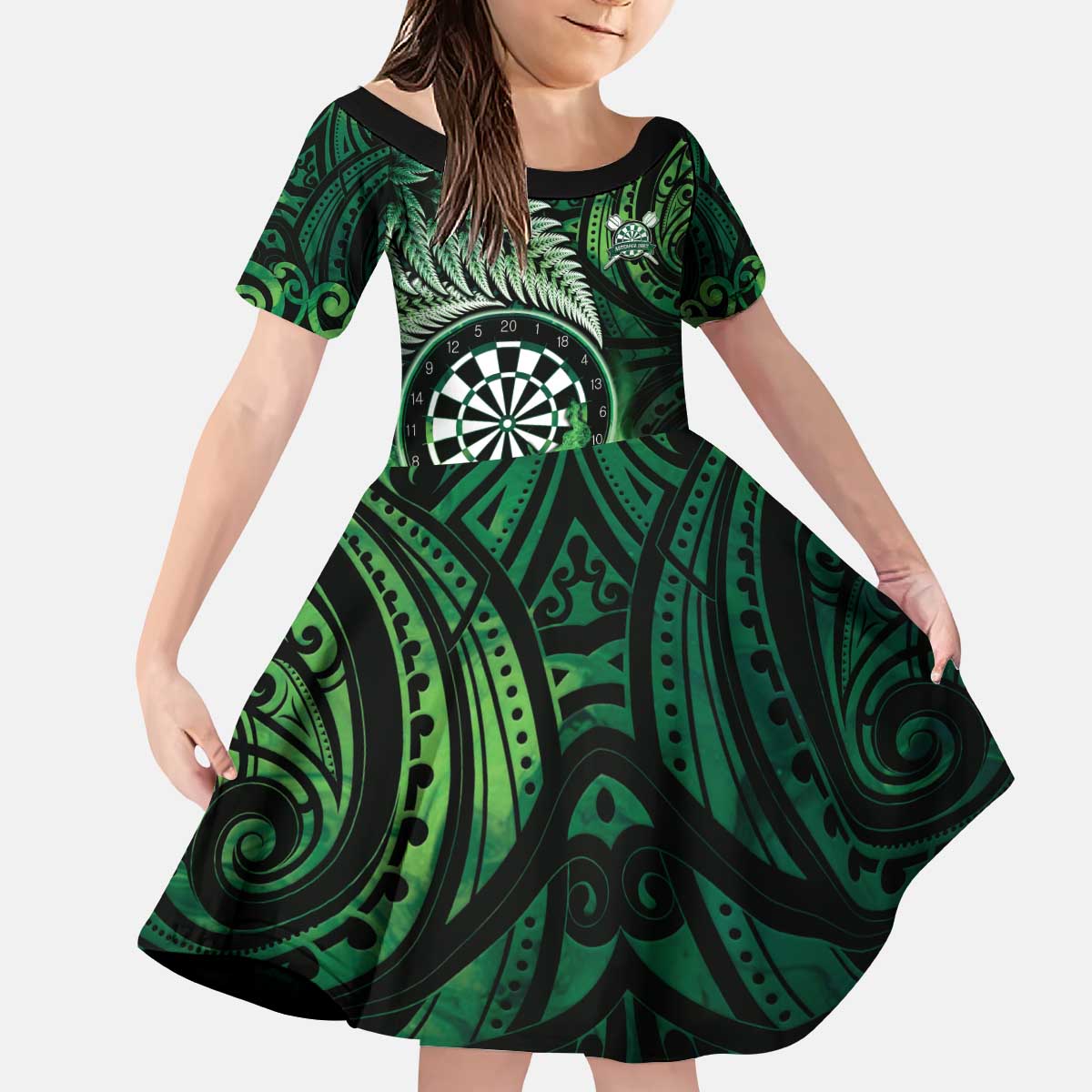Personalised New Zealand Darts Kid Short Sleeve Dress Maori Koru Dartboard Green Flame