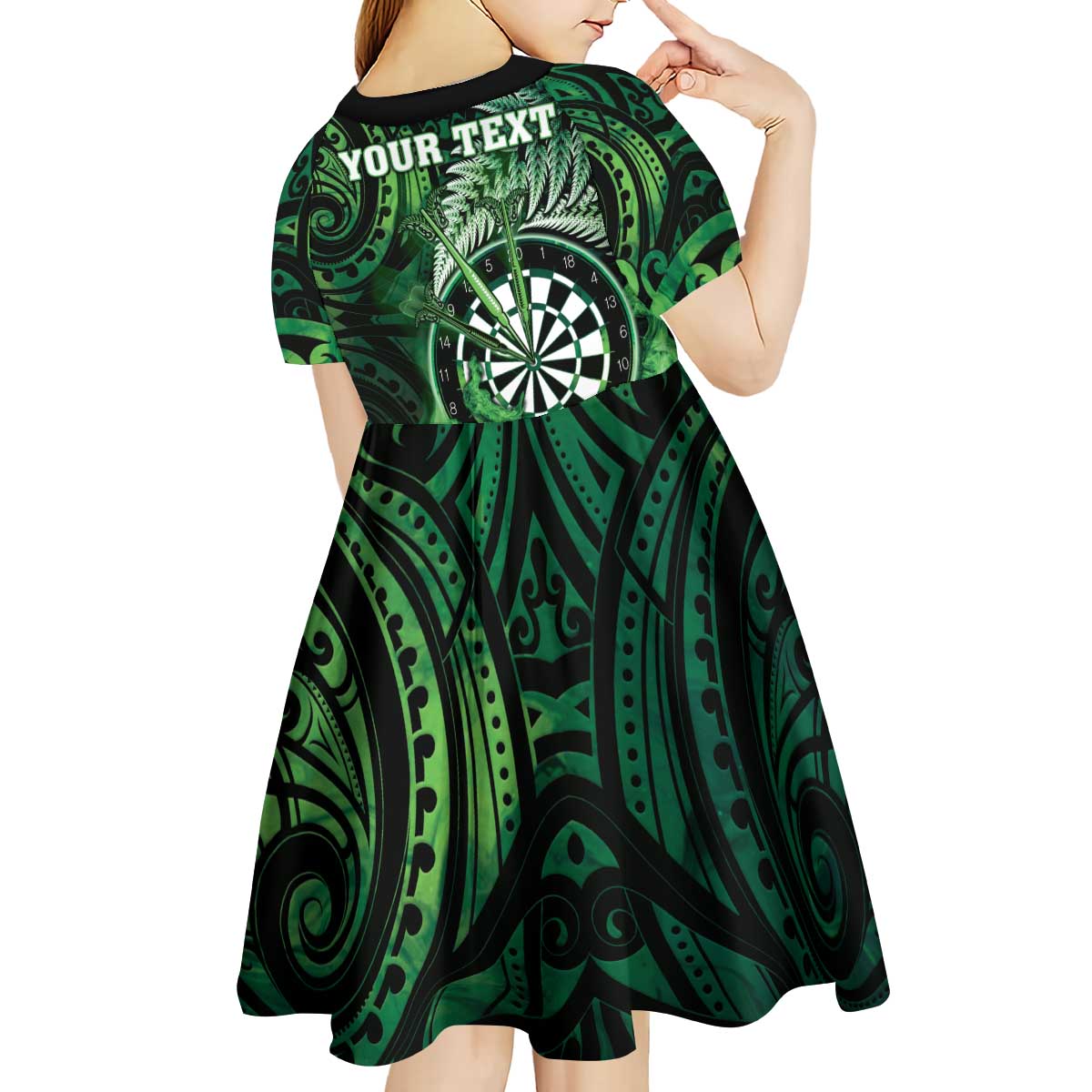 Personalised New Zealand Darts Kid Short Sleeve Dress Maori Koru Dartboard Green Flame