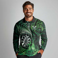 Personalised New Zealand Darts Long Sleeve Polo Shirt Maori Koru Dartboard Green Flame