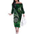 Personalised New Zealand Darts Off The Shoulder Long Sleeve Dress Maori Koru Dartboard Green Flame