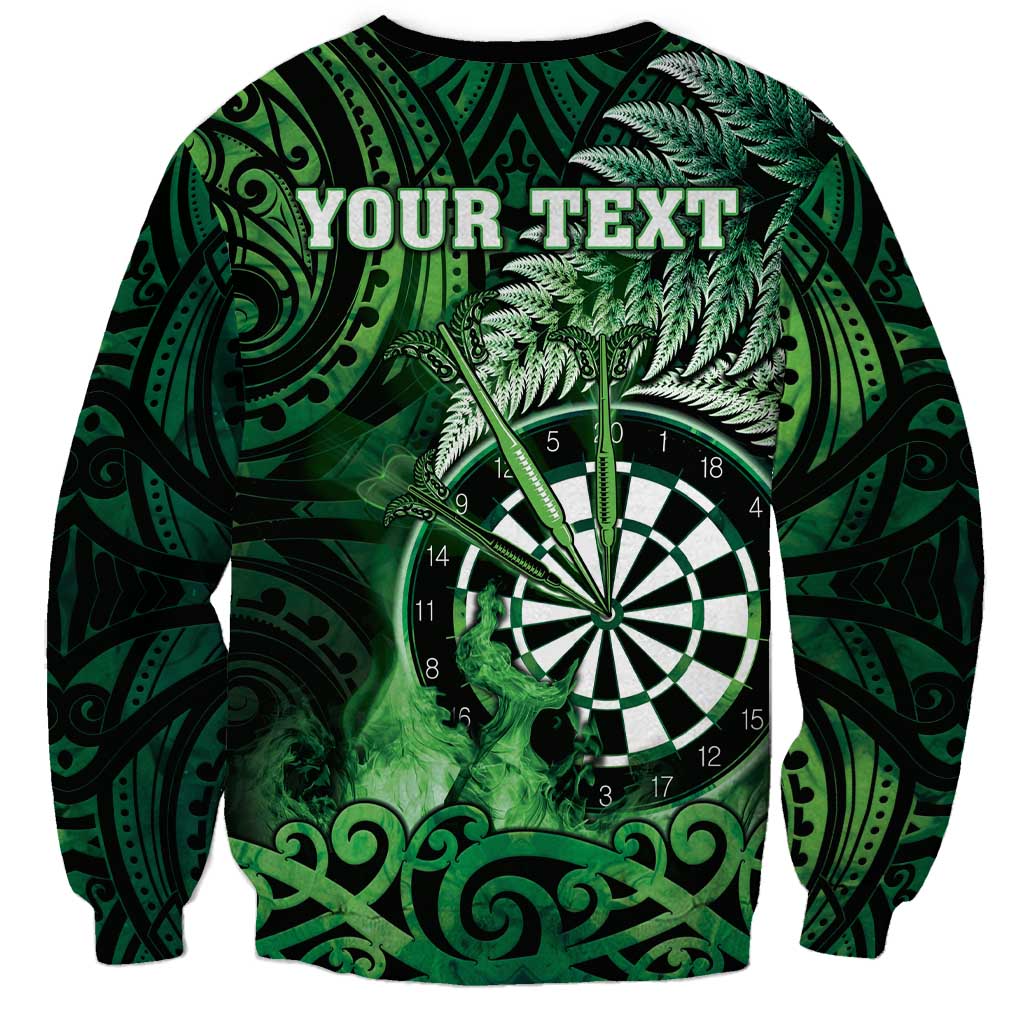 Personalised New Zealand Darts Sweatshirt Maori Koru Dartboard Green Flame