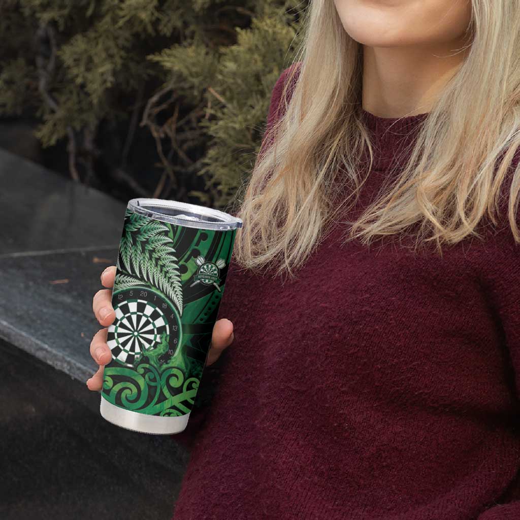Personalised New Zealand Darts Tumbler Cup Maori Koru Dartboard Green Flame