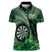 Personalised New Zealand Darts Women Polo Shirt Maori Koru Dartboard Green Flame