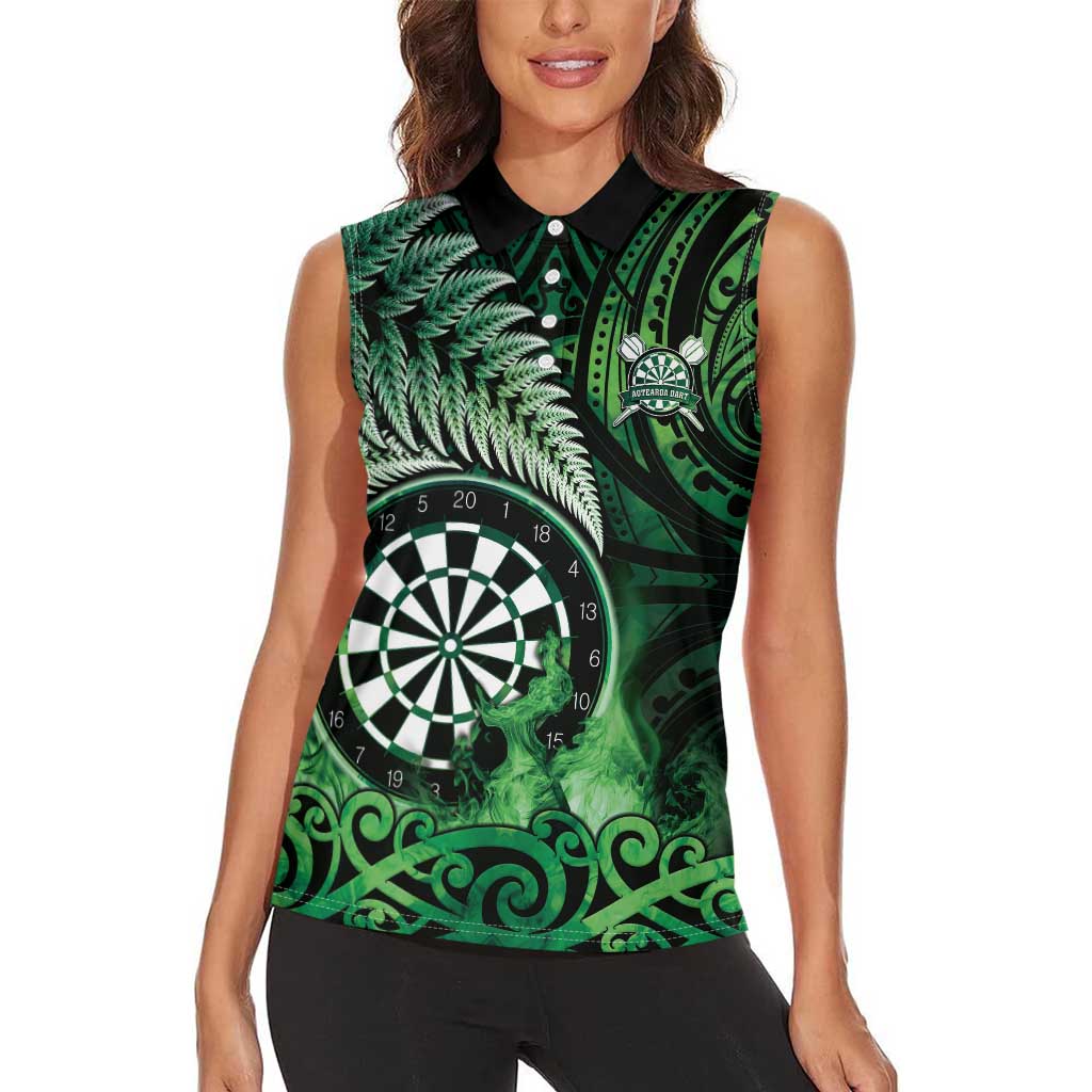 Personalised New Zealand Darts Women Sleeveless Polo Shirt Maori Koru Dartboard Green Flame