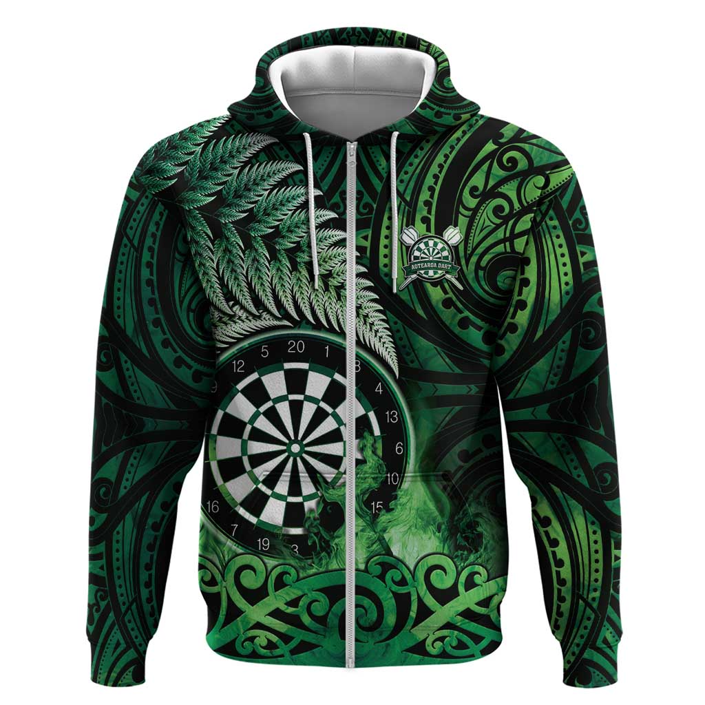 Personalised New Zealand Darts Zip Hoodie Maori Koru Dartboard Green Flame
