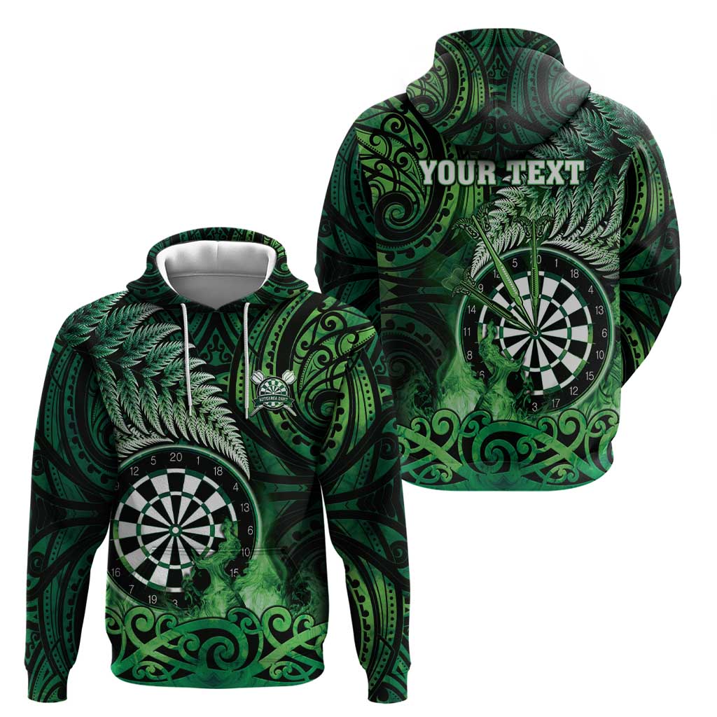 Personalised New Zealand Darts Zip Hoodie Maori Koru Dartboard Green Flame
