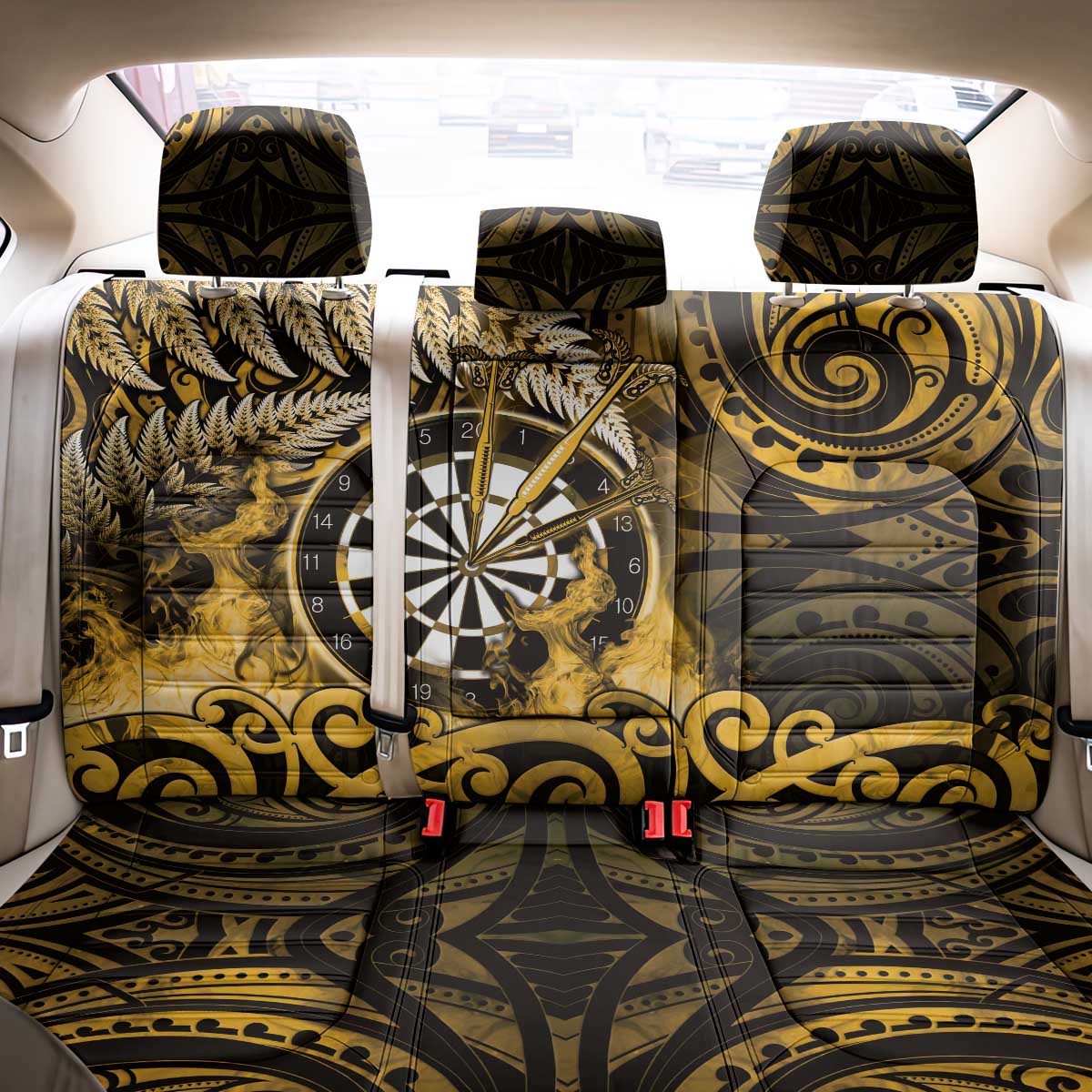 New Zealand Darts Back Car Seat Cover Maori Koru Dartboard Gold Flame
