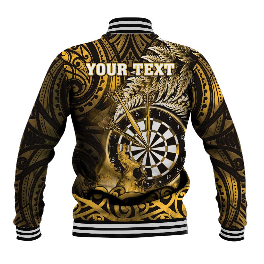 Personalised New Zealand Darts Baseball Jacket Maori Koru Dartboard Gold Flame