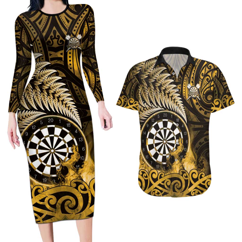 Personalised New Zealand Darts Couples Matching Long Sleeve Bodycon Dress and Hawaiian Shirt Maori Koru Dartboard Gold Flame
