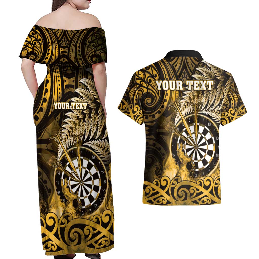Personalised New Zealand Darts Couples Matching Off Shoulder Maxi Dress and Hawaiian Shirt Maori Koru Dartboard Gold Flame