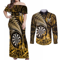 Personalised New Zealand Darts Couples Matching Off Shoulder Maxi Dress and Long Sleeve Button Shirt Maori Koru Dartboard Gold Flame
