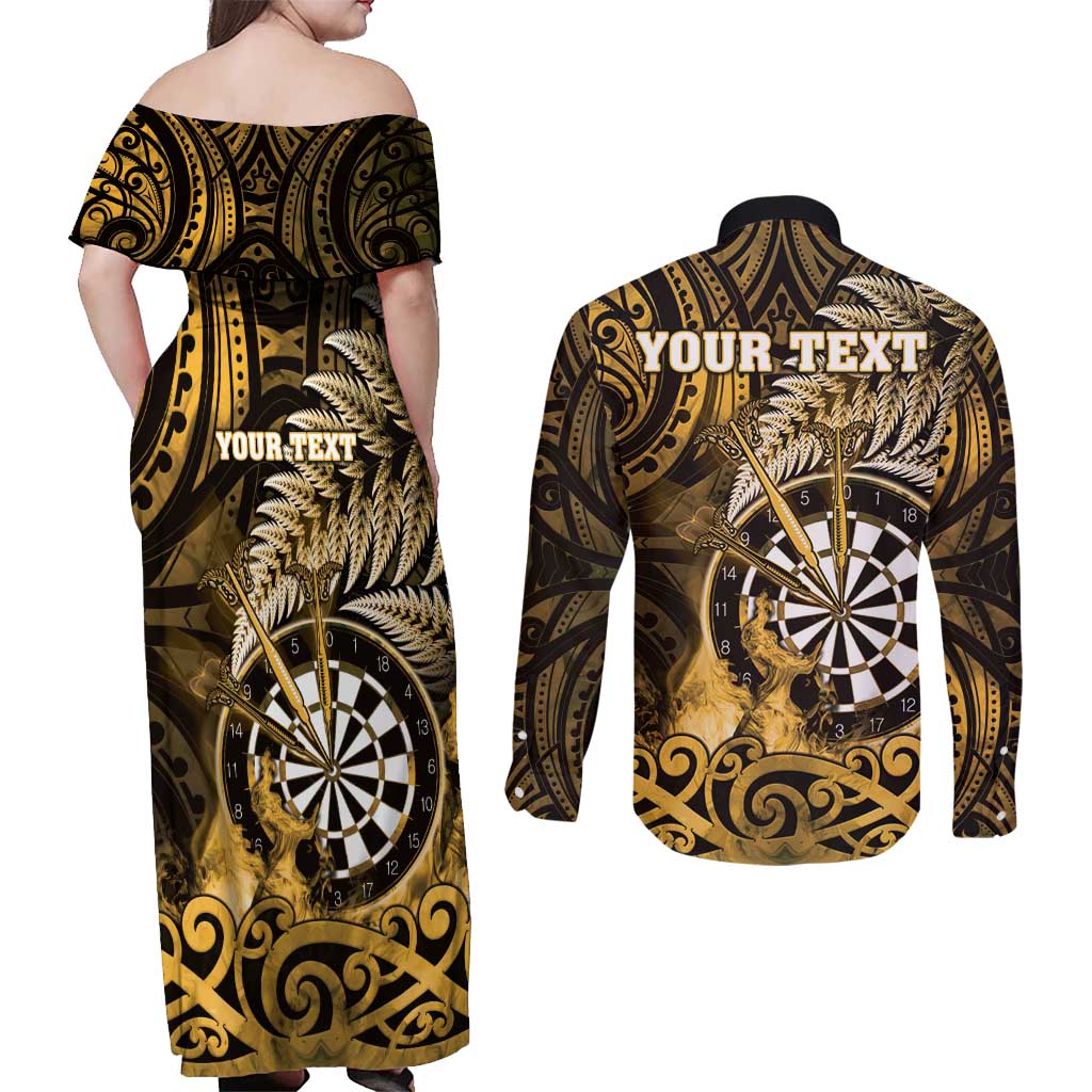 Personalised New Zealand Darts Couples Matching Off Shoulder Maxi Dress and Long Sleeve Button Shirt Maori Koru Dartboard Gold Flame