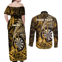 Personalised New Zealand Darts Couples Matching Off Shoulder Maxi Dress and Long Sleeve Button Shirt Maori Koru Dartboard Gold Flame