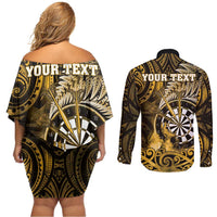 Personalised New Zealand Darts Couples Matching Off Shoulder Short Dress and Long Sleeve Button Shirt Maori Koru Dartboard Gold Flame
