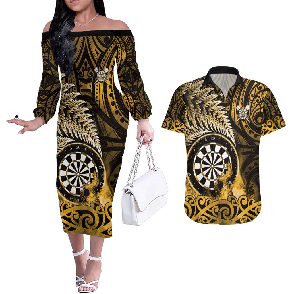 Personalised New Zealand Darts Couples Matching Off The Shoulder Long Sleeve Dress and Hawaiian Shirt Maori Koru Dartboard Gold Flame