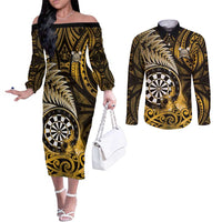 Personalised New Zealand Darts Couples Matching Off The Shoulder Long Sleeve Dress and Long Sleeve Button Shirt Maori Koru Dartboard Gold Flame