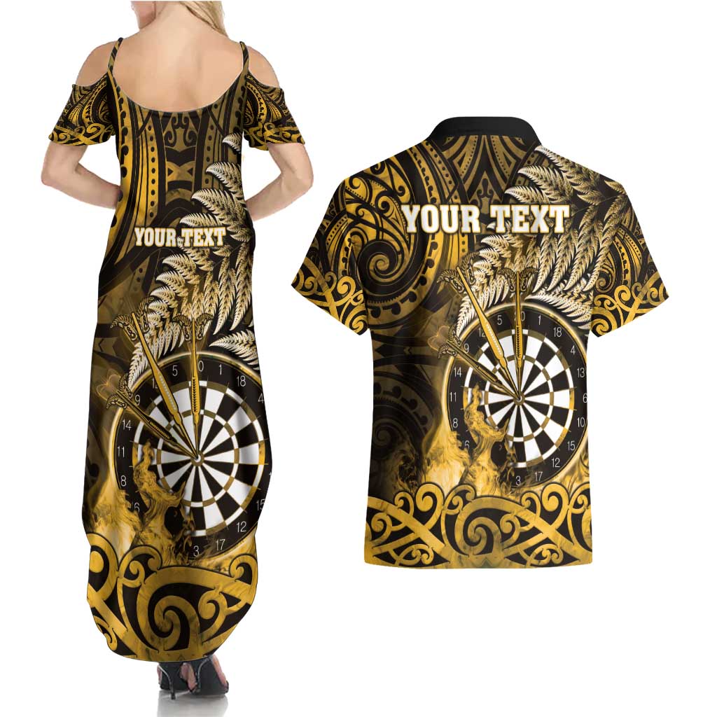 Personalised New Zealand Darts Couples Matching Summer Maxi Dress and Hawaiian Shirt Maori Koru Dartboard Gold Flame