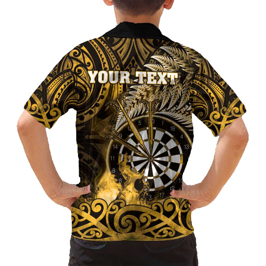 Personalised New Zealand Darts Family Matching Long Sleeve Bodycon Dress and Hawaiian Shirt Maori Koru Dartboard Gold Flame